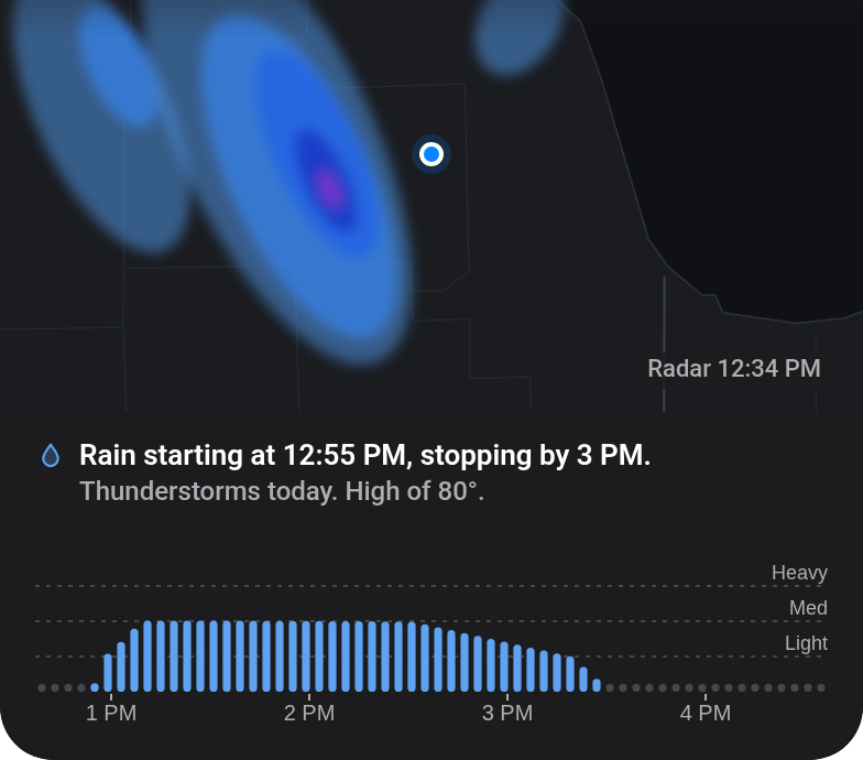 The RainTrace radar widget: a dark map with a band of rain, the sentence “Rain starting at 12:55 PM, stopping by 3 PM.”, and a bar graph of rain over the next four hours.